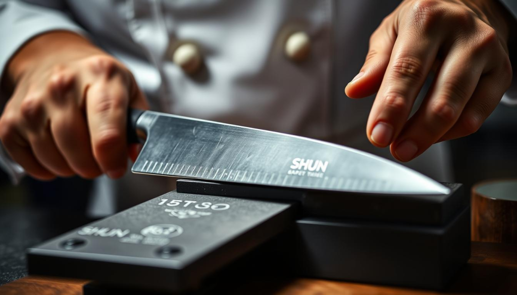 A professional chef carefully sharpening a Shun kitchen knife on a whetstoneNarrow focus on the hands and knife, highlighting the technique with dramatic lighting and closeup angle.The blade is being sharpened at the correct 15-degree angle, with the knife held steady and the whetstone at a slight tilt.The background is blurred, placing emphasis on the sharpening process.The image conveys a sense of precision, attention to detail, and the importance of proper knife sharpening technique.