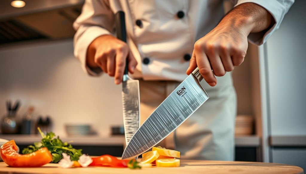 A professional chef expertly handling a set of Shun Edo kitchen knives, the blades gleaming under warm overhead lighting. The knives slice through various ingredients with effortless precision, showcasing their razor-sharp edges and exceptional balance. In the background, a modern, minimalist kitchen setup provides a clean, uncluttered backdrop, allowing the knives' performance to take center stage. The scene conveys a sense of calm, controlled power, highlighting the knives' ability to handle delicate tasks with ease while maintaining a premium, high-quality aesthetic.