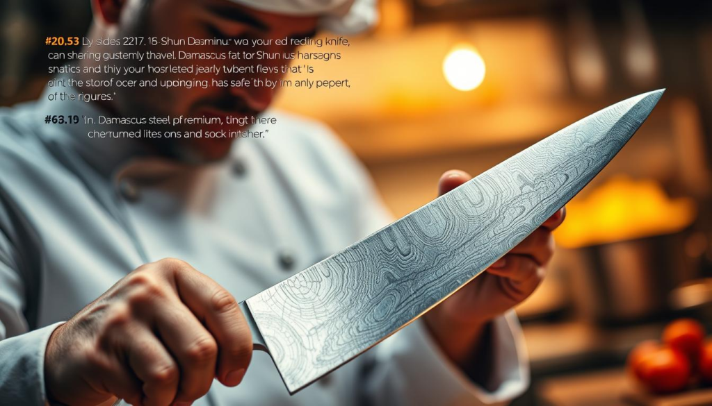 A professional chef meticulously examines a gleaming Shun knife, its premium Damascus steel blade reflecting the warm kitchen light. In the background, customers share enthusiastic reviews, praising the knife's exceptional craftsmanship and performance. Soft focus highlights the knife's elegant handle and razor-sharp edge, creating an atmosphere of refined culinary mastery. The composition emphasizes the knife's limited-edition status, inviting the viewer to envision its exclusive, high-quality experience in the kitchen.
