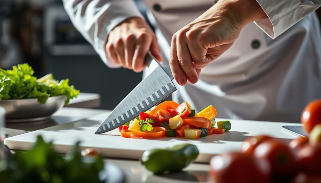 A professional chef skillfully slices an array of fresh vegetables with a Shun 20cm chef's knife. The blade glides through the produce with surgical precision, revealing the knife's impressive cutting ability. Bright kitchen lighting illuminates the scene, casting dramatic shadows and highlights on the food and utensil. The chef's hands move with practiced fluidity, showcasing the knife's ergonomic design and the cook's mastery of culinary techniques. The composition highlights the Shun knife's versatility, making it an essential tool for the modern kitchen.