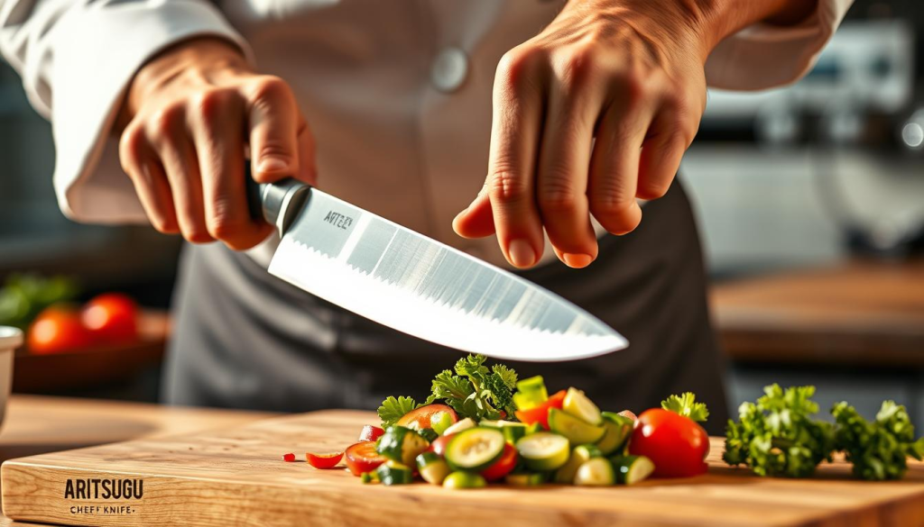 A professional chef wielding an Aritsugu chef knife, skillfully slicing through fresh produce on a wooden cutting board. The blade glints under warm, natural lighting, capturing the precision and elegance of this culinary instrument. The chef's hands move with practiced fluidity, showcasing the knife's balance and responsiveness. The scene exudes a sense of mastery and artistry, reflecting the exceptional quality and performance of the Aritsugu chef knife. The background is softly blurred, allowing the focus to remain on the knife and the chef's skilled handling, highlighting the product's exceptional craftsmanship and appeal to discerning culinary enthusiasts.
