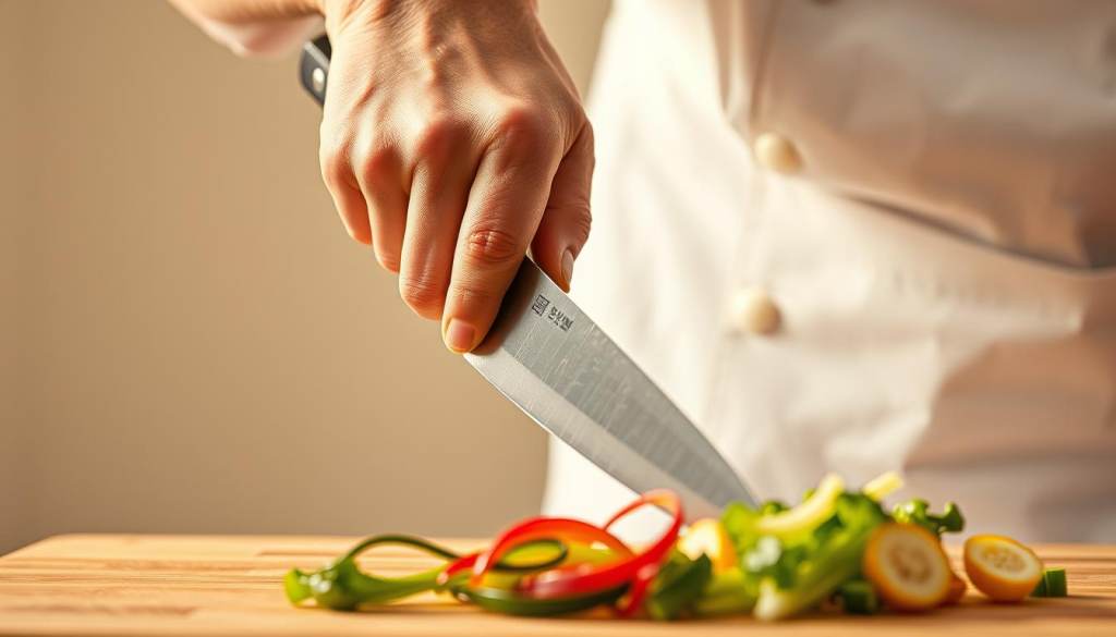 A professional chef's hand expertly manipulating a Shun Japanese chef's knife, slicing through vegetables with precision and grace. The blade's razor-sharp edge glints under the warm, diffused lighting, casting subtle shadows on the crisp, freshly-cut produce. The scene is set against a minimalist, neutral backdrop, allowing the culinary performance to take center stage. The knife's exquisite craftsmanship and the chef's skilled technique are the focal points, capturing the essence of how Shun knives elevate the cooking experience.