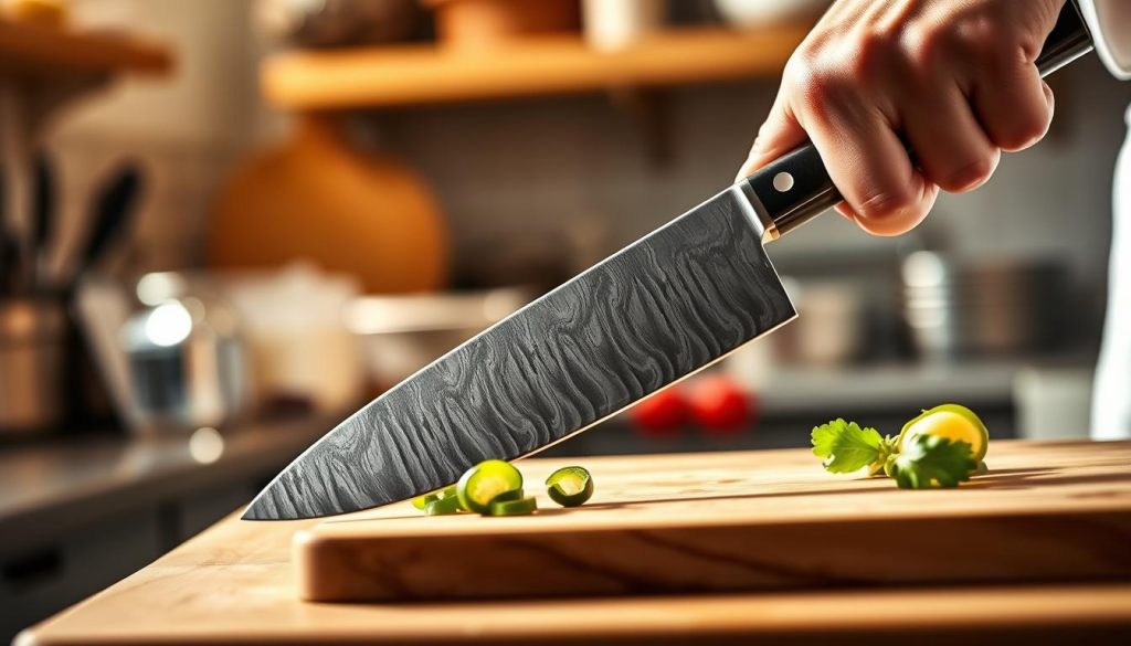 A professional chef's hand skillfully wields a high-quality Shun chef's knife, its razor-sharp blade effortlessly slicing through a fresh ingredient on a wooden cutting board. The kitchen is bathed in warm, natural lighting, creating a sense of culinary expertise and precision. The knife's sleek, Damascus-patterned steel blade gleams, its hand-crafted beauty and superior edge-retention evident with each confident stroke. The scene conveys the pleasurable experience of using this exceptional kitchen tool, capturing the essence of the Shun Knife 5.5's superior performance.