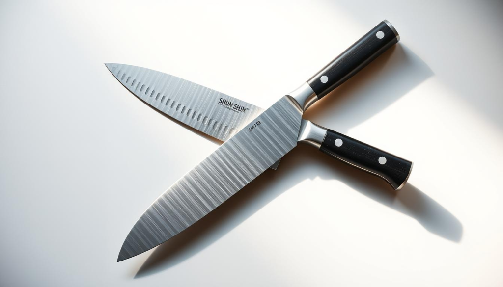 A professional chef's knife, gleaming in the soft, directional lighting. The blade is sharp and precise, the handle ergonomic and sturdy. The knife is the centerpiece, surrounded by a minimalist, elegant background that conveys a sense of culinary mastery and refinement. The composition is balanced, with the knife positioned to draw the eye and suggest its importance as a symbol of the Shun brand. The overall mood is one of sophistication, quality, and the art of cooking.