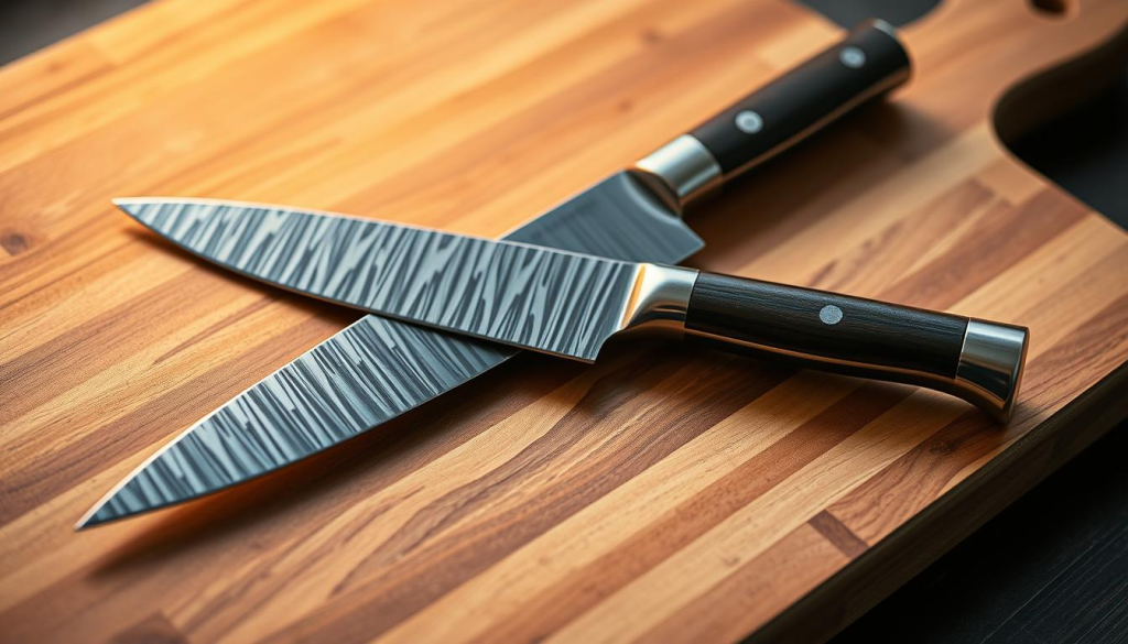 A professional-grade Shun kiritsuke knife resting on a sleek, modern wooden cutting board. The blade gleams under warm, directional lighting, highlighting its razor-sharp edge and subtle Damascus pattern. The knife's elegant, ergonomic handle is crafted from premium materials, offering a secure and comfortable grip. The composition emphasizes the knife's versatility, showcasing its ability to handle a variety of culinary tasks with precision and control. The overall mood is one of high-quality craftsmanship and professional-level culinary expertise.