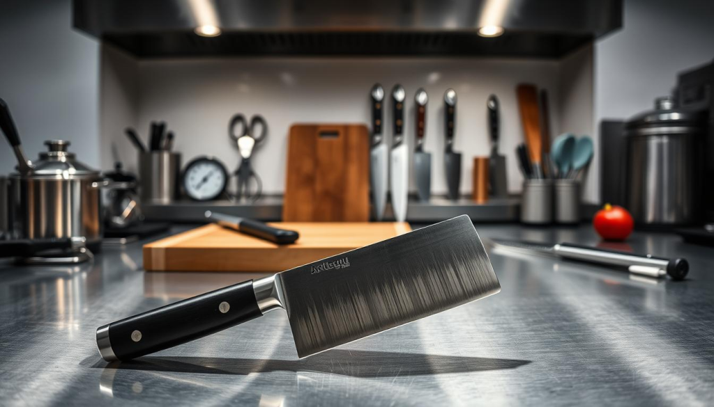 A professional kitchen scene with a well-lit, stainless steel countertop showcasing a diverse array of high-quality culinary tools. In the foreground, an Aritsugu Santoku knife takes center stage, its razor-sharp blade gleaming under the soft, diffused lighting. Surrounding it are other essential tools, such as a honing steel, a pair of sharp kitchen shears, a wooden cutting board, and a chef's thermometer. In the middle ground, a set of Japanese-style knives, including a Nakiri and a Deba, are neatly arranged, their elegant handles and precisely-crafted blades suggesting exceptional craftsmanship. The background features a clean, minimalist kitchen setting, with subtle shadows and highlights that create a sense of depth and balance. The overall atmosphere conveys a professional, well-equipped kitchen ready to tackle any culinary challenge with the Aritsugu Santoku knife as the centerpiece.