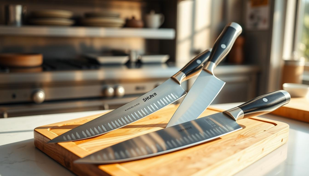 A professional kitchen setting with a gleaming, well-curated collection of Shun knives prominently displayed on a wooden cutting board. The knives have a distinctive Japanese-inspired design, with razor-sharp blades and sleek, ergonomic handles. Soft, natural lighting casts a warm glow, highlighting the knives' high-quality craftsmanship and the attention to detail in their construction. The background features a clean, minimalist workspace, with stainless steel appliances and subtle decor elements that complement the overall elegance of the scene. The overall composition conveys a sense of precision, functionality, and the importance of high-quality tools in the domain of professional culinary excellence.