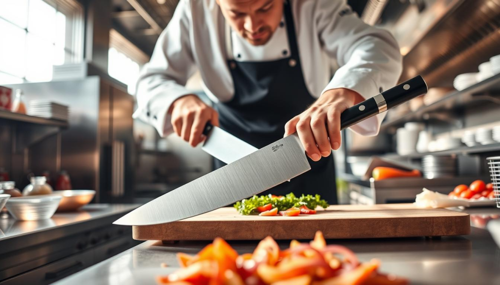 A professional kitchen with stainless steel appliances and gleaming countertops. In the center, a chef skillfully wields a Shun chef's knife, slicing through fresh ingredients with precision and grace. The knife's razor-sharp blade and elegant Japanese design stand out against the backdrop of busy culinary activity. Bright, natural light filters in from large windows, casting a warm glow over the scene. The chef's movements are fluid and confident, showcasing the power and control of the Shun knife. The overall atmosphere is one of focused professionalism, where the Shun knife is an essential tool in the pursuit of culinary excellence.