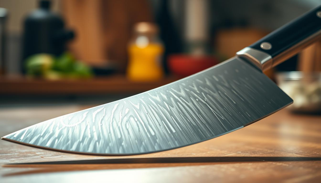 A razor-sharp Shun chef's knife glimmers under the warm, natural lighting of a kitchen counter. The blade's edge, honed to exacting Japanese standards, appears nearly translucent, reflecting the surrounding environment in its flawless surface. The knife's sleek, Damascus-patterned steel body tapers gracefully to a pointed tip, radiating an aura of precision and control. In the foreground, the knife's keen edge seems poised to effortlessly slice through the toughest ingredients, while the blurred background suggests a workspace filled with the promise of culinary mastery. This image captures the essence of the Shun knife's unparalleled sharpness and its ability to elevate the home cook's experience.