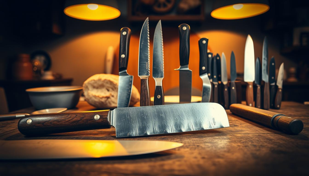 A rustic Portuguese kitchen table, dimly lit by warm golden overhead lighting, showcases an assortment of traditional knives. In the foreground, a sleek, sharp carving knife with a wooden handle sits alongside a well-worn, wavy-edged butcher's cleaver. In the middle ground, a classic paring knife and a serrated bread knife stand upright, their polished blades gleaming. In the background, a collection of smaller utility knives, each with its own unique shape and purpose, are arranged with care, hinting at the complexity and diversity of Portuguese cuisine. The scene exudes a sense of history, tradition, and the skilled hand of the chef.
