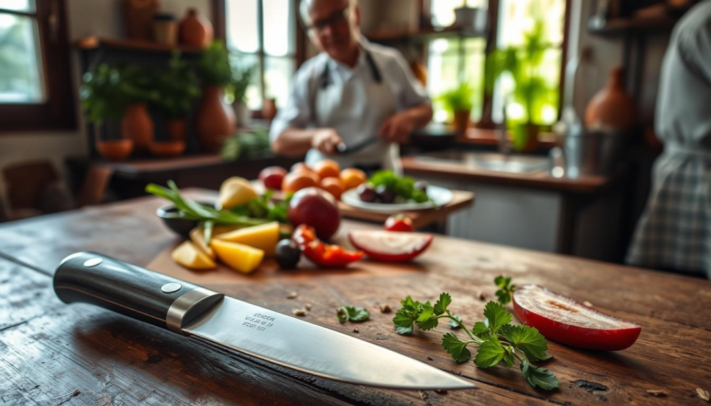 A rustic kitchen interior with a wooden table, terracotta pots, and a vibrant array of fresh ingredients. In the foreground, a well-worn, hand-forged Portuguese chef's knife rests on a cutting board, its polished blade gleaming in the warm, soft lighting. The middle ground features a skilled cook, dressed in traditional Portuguese attire, effortlessly slicing through a selection of local produce, showcasing the knife's versatility and the cultural significance of this essential culinary tool. In the background, a windowsill displays an assortment of herbs and spices, hinting at the rich flavors and traditions that permeate Portuguese cuisine.