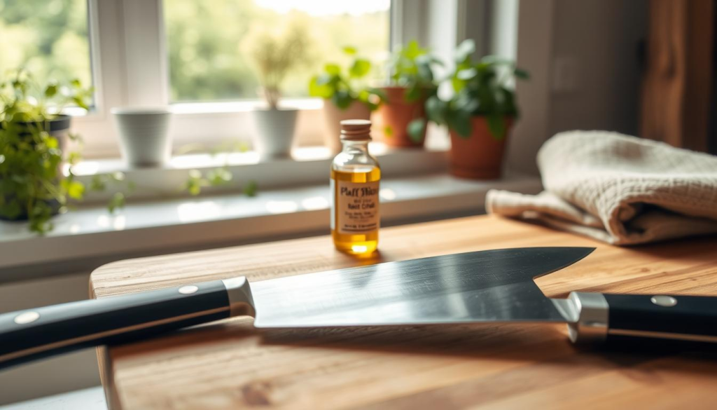 A serene, eco-friendly kitchen scene showcasing sustainable knife care. In the foreground, a wooden cutting board with a glistening, well-maintained chef's knife, its blade gleaming under soft, diffused natural lighting. In the middle ground, a small glass bottle of plant-based knife oil stands alongside a natural fiber cleaning cloth. The background features a bright, sunlit windowsill with potted herbs and a view of a lush, verdant garden, conveying a sense of environmental harmony. The overall mood is calm, mindful, and in tune with nature, reflecting the responsible, sustainable approach to caring for high-quality culinary tools.