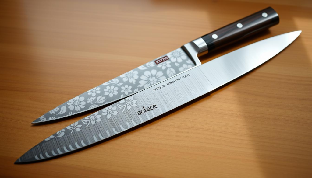 A set of two exquisite Aritsugu knives, one from the Kyoto workshop and the other from the Tokyo shop, resting on a wooden surface. The Kyoto knife features a delicate Damascus steel blade with intricate floral etchings, while the Tokyo knife boasts a sleek, minimalist design in high-carbon steel. Soft, natural lighting illuminates the blades, highlighting their meticulously crafted edges and reflecting the rich history and artistry of the Aritsugu brand. The knives are presented in a serene, contemplative setting, inviting the viewer to appreciate the craftsmanship and the distinct personalities of these two iconic Japanese chef's tools.