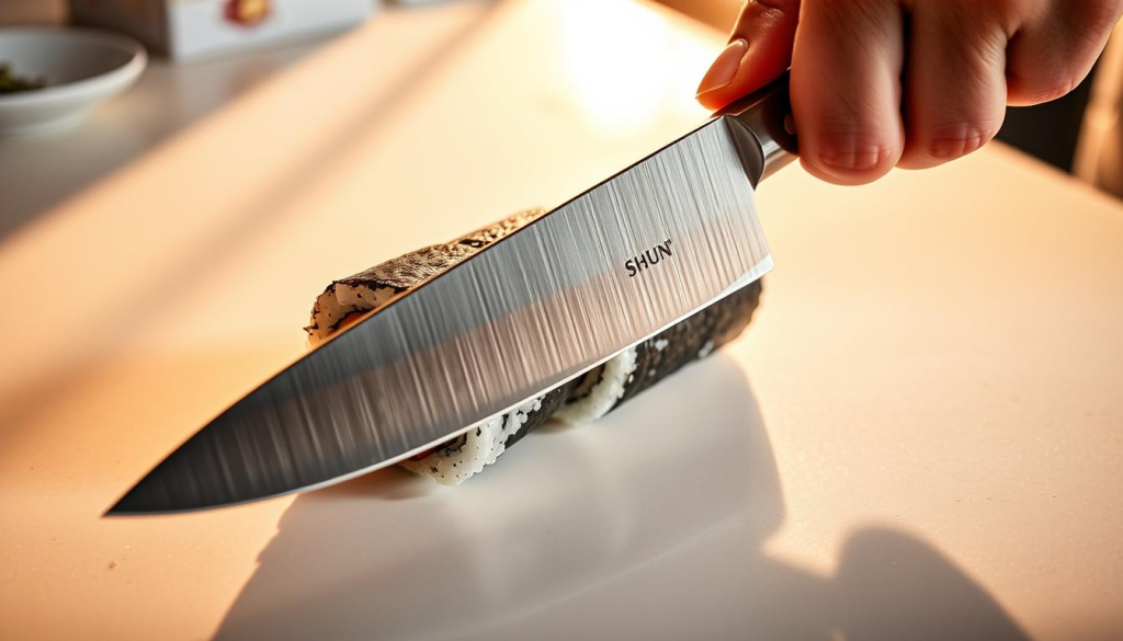 A sharp Shun classic chef's knife effortlessly gliding through a fresh, glistening sushi roll, revealing its vibrant layers of rice, nori, and succulent seafood. The blade's precise edge catches the warm, focused lighting, casting dramatic shadows across the kitchen counter's pristine surface. The sushi chef's skilled hands guide the knife with confidence and control, showcasing the Shun's exceptional performance and the art of sushi preparation. The scene radiates a sense of culinary mastery, precision, and the harmonious relationship between the skilled craftsman and their premium Japanese blade.