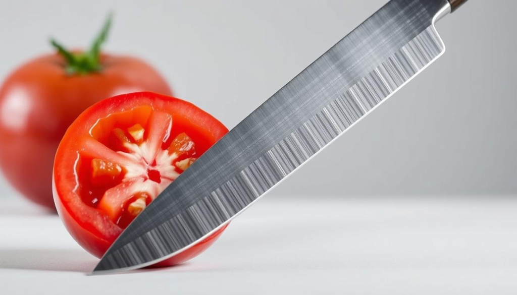 A sharp, gleaming Sakai Takayuki knife cutting effortlessly through a thick slice of tomato. The blade, forged from high-carbon steel, reflects the warm studio lighting, showcasing its pristine edge and impeccable craftsmanship. The knife's distinctive Japanese-style handle, crafted from smooth, dark wood, provides a secure and comfortable grip. In the background, a clean, minimalist setting, allowing the knife's performance to take center stage. The image conveys the precision, durability, and beauty of Sakai Takayuki knives, perfectly capturing the essence of the "Cutting Experience" section of the article.