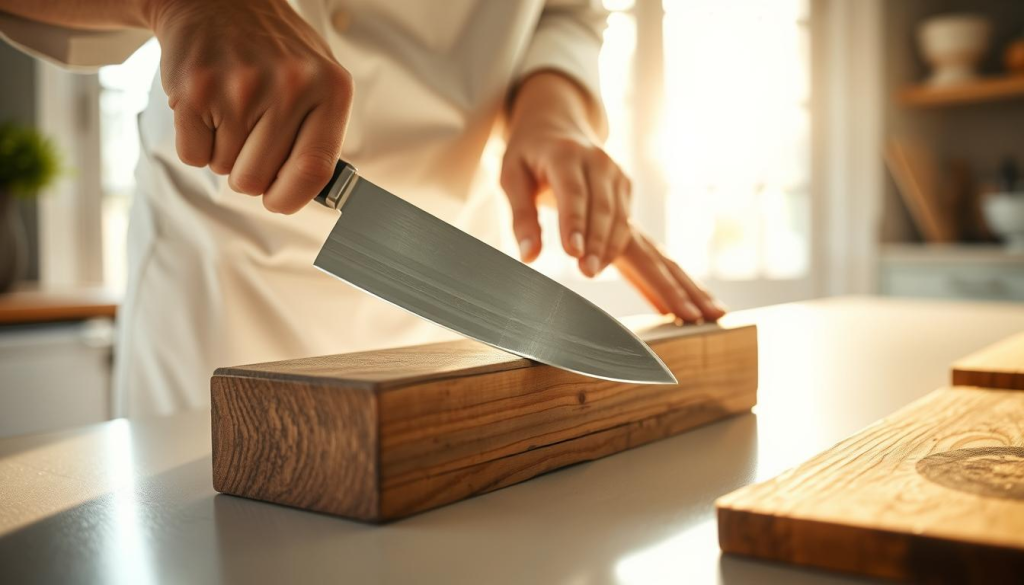 A shun kai chef's knife being carefully sharpened on a traditional Japanese whetstone in a bright, well-lit kitchen. The blade glides smoothly across the rough, slightly worn stone, creating a mesmerizing rhythm. Soft natural light filters in through large windows, casting a warm, golden glow over the scene. The chef's hands are steady and focused, their movements precise and methodical as they maintain the edge of this high-quality, razor-sharp knife. The kitchen counter is clean and uncluttered, allowing the sharpening process to take center stage. An atmosphere of care, attention to detail, and respect for quality craftsmanship permeates the image.
