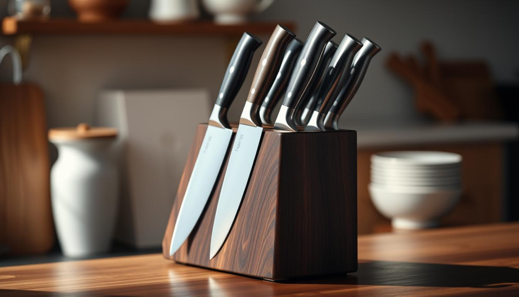 A shun knife block sits on a wooden countertop, bathed in soft, natural lighting. The block is made of rich, dark wood, with a sleek, minimalist design. The knives nestled within are expertly crafted, with sharp, gleaming blades and elegant, ergonomic handles. The scene exudes a sense of precision, quality, and attention to detail, reflecting the high-end nature of the Shun brand. The background is slightly blurred, keeping the focus on the knife block and creating a sense of depth and atmosphere. The overall mood is one of understated elegance and craftsmanship.