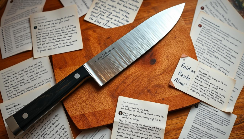 A shun knife sits atop a wooden cutting board, the blade gleaming under warm, soft lighting. Surrounding it are scattered customer reviews, handwritten notes, and a few clippings from online forums. The composition evokes a sense of authenticity and thoughtful consideration, as if the viewer is privy to the real-world experiences and opinions that have shaped the reputation of this premium culinary tool. The overall mood is one of trust, quality, and a commitment to craftsmanship that aligns with the article's subject matter.