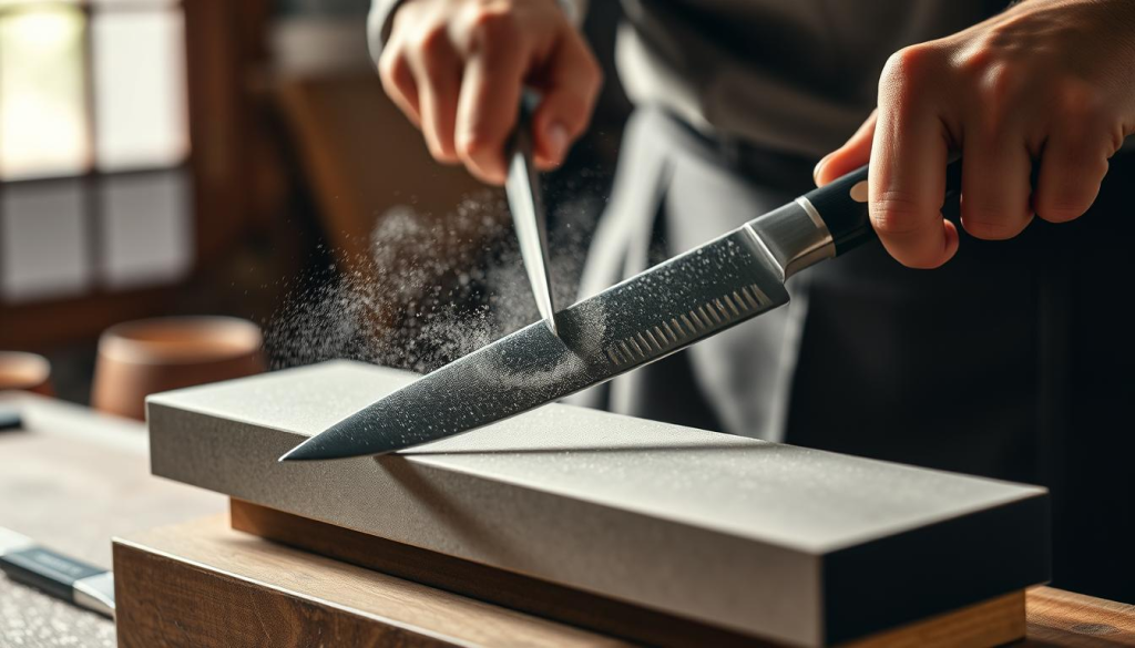 A skilled artisan meticulously sharpening an Aritsugu knife on a traditional Japanese whetstone, in a serene Kyoto workshop bathed in soft, diffused natural light. The blade glides effortlessly across the smooth, water-dampened stone, revealing the knife's razor-sharp edge. Clouds of fine metal shavings dance in the air, capturing the dedication and precision of the sharpening process. The artisan's hands move with practiced fluidity, their focus unwavering as they care for this revered culinary tool. The scene conveys the reverence and attention to detail that defines the Aritsugu legacy of craftsmanship.