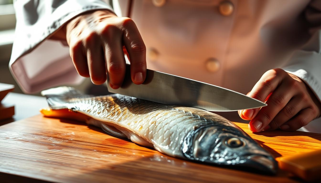 A skilled chef meticulously filleting a glistening fish with an Aritsugu Deba knife, the blade's sharp edge gliding effortlessly through the flesh. Soft natural lighting illuminates the scene, casting subtle shadows that accentuate the knife's elegant design and the chef's precise movements. The fish's vibrant colors and the polished wooden cutting board create a visually striking composition. The chef's focus and concentration are palpable, capturing the essence of cooking techniques mastered through the Aritsugu Deba's exceptional craftsmanship.