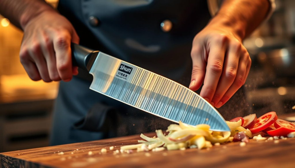 A skilled chef wielding a Shun kiritsuke knife, the blade's razor-sharp edge glinting in the warm kitchen lighting. The chef's movements are precise and calculated as they effortlessly slice through the ingredients, demonstrating the kiritsuke's versatility in dicing, mincing, and thin slicing. The scene captures the chef's mastery of the knife, with a focus on the kiritsuke's unique shape and the proper grip and handling technique required for maximum efficiency and control.