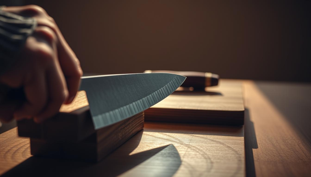 A skilled hand carefully guides a nakiri knife, the blade gliding smoothly along the sharpening stone. The scene is bathed in warm, natural light, casting subtle shadows that accentuate the knife's clean lines and the user's focused movements. The foreground showcases the intricate process, with the knife's razor-sharp edge being honed to perfection. In the middle ground, the Aritsugu nakiri knife rests on a wooden surface, its distinctive design and high-quality craftsmanship on full display. The background fades into a serene, minimalist setting, allowing the viewer to focus solely on the task at hand - the proper care and maintenance of this essential culinary tool.