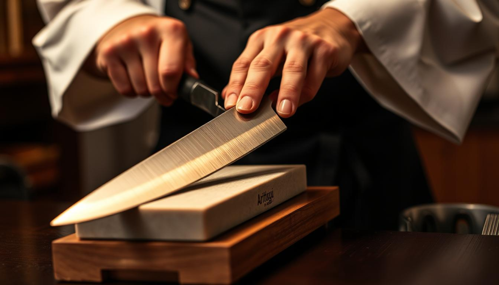 A skilled sushi chef carefully sharpening an Aritsugu Japanese kitchen knife on a traditional whetstoneunder warm, soft lighting. The blade's precise, mirror-like edge gleams as the chef guides it across the stone with practiced strokes, honing it to perfection. The knife's elegant, minimalist design and the chef's focused, deliberate movements capture the essence of Japanese craftsmanship. The scene is framed in a warm, intimate setting, with a sense of stillness and attention to detail that reflects the precision and care required for proper Aritsugu knife maintenance.