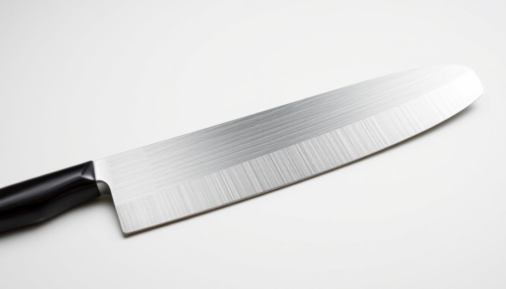 A sleek Aritsugu Santoku knife blade, its smooth surface gleaming under crisp studio lighting. The blade lengths are neatly arranged, showcasing the range of sizes available - from a compact 5-inch blade to a versatile 7-inch option. The blades are set against a minimalist, pale background, allowing the curves and contours of the steel to take center stage. The image conveys a sense of precision and craftsmanship, hinting at the high-quality construction of the Aritsugu Santoku knife and the different size choices to suit various cooking needs.