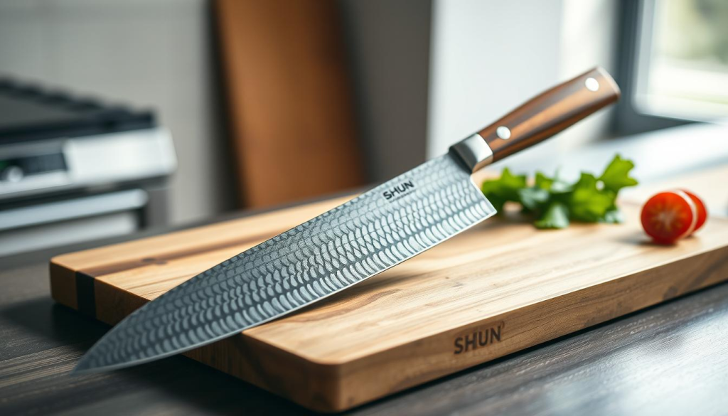 A sleek and elegant Shun Cutlery Nakiri knife resting on a wooden cutting board, bathed in soft, natural lighting. The razor-sharp, Damascus-patterned blade gleams, showcasing its exceptional craftsmanship. The handle, crafted from premium hardwood, fits comfortably in the hand, exuding a sense of quality and precision. In the background, a minimalist kitchen setting with muted colors, emphasizing the knife's central focus. The overall scene conveys the Nakiri's versatility and suitability for effortless vegetable preparation, as praised by enthusiastic customers.