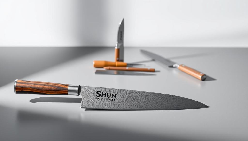 A sleek and minimalist still life showcasing the elegant aesthetics of Shun Fuji knives. In the foreground, a Shun Fuji chef's knife with its distinctive Damascus-patterned blade and contoured wooden handle rests upon a smooth, polished surface. The middle ground features a small collection of Shun's signature kitchen tools, including a paring knife and a serrated bread knife, all exuding a refined, Japanese-inspired design. The background is a clean, neutral space, allowing the knives to take center stage and emphasize their precision, craftsmanship, and timeless appeal. The lighting is soft and directional, casting subtle shadows that accentuate the knives' sharp lines and metal accents. An image that captures the essence of quality, functionality, and aesthetic excellence associated with the Shun Fuji knife line.
