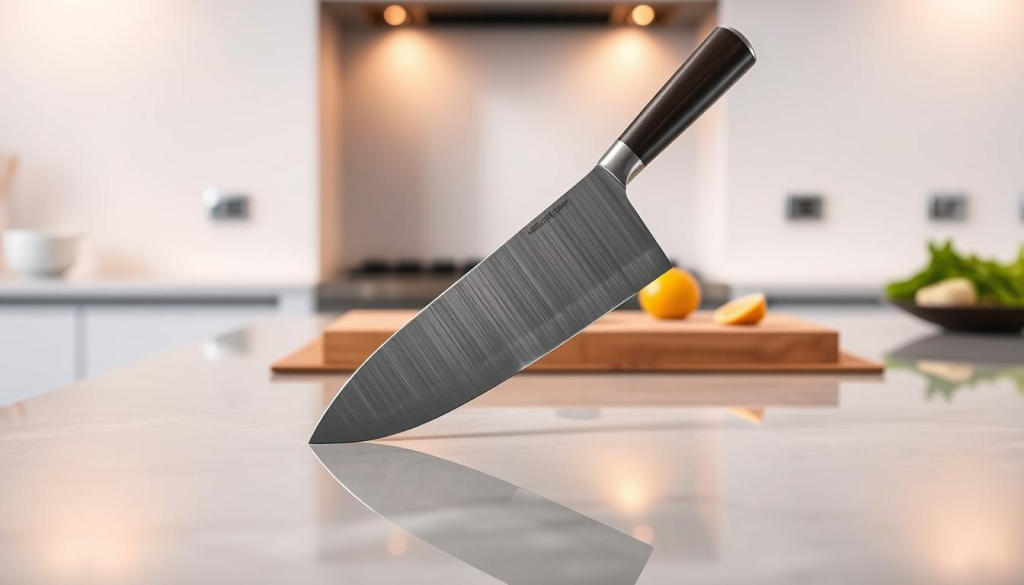 A sleek and modern kitchen countertop, with a shiny, razor-sharp Shun Knife 6.5 prominently displayed in the center. The knife is accentuated by soft, warm lighting, casting subtle shadows and highlighting its precise Japanese craftsmanship. In the background, a clean, minimalist backdrop suggests an upscale culinary setting. The image conveys a sense of elegance, quality, and the joy of cooking with a premium kitchen tool.