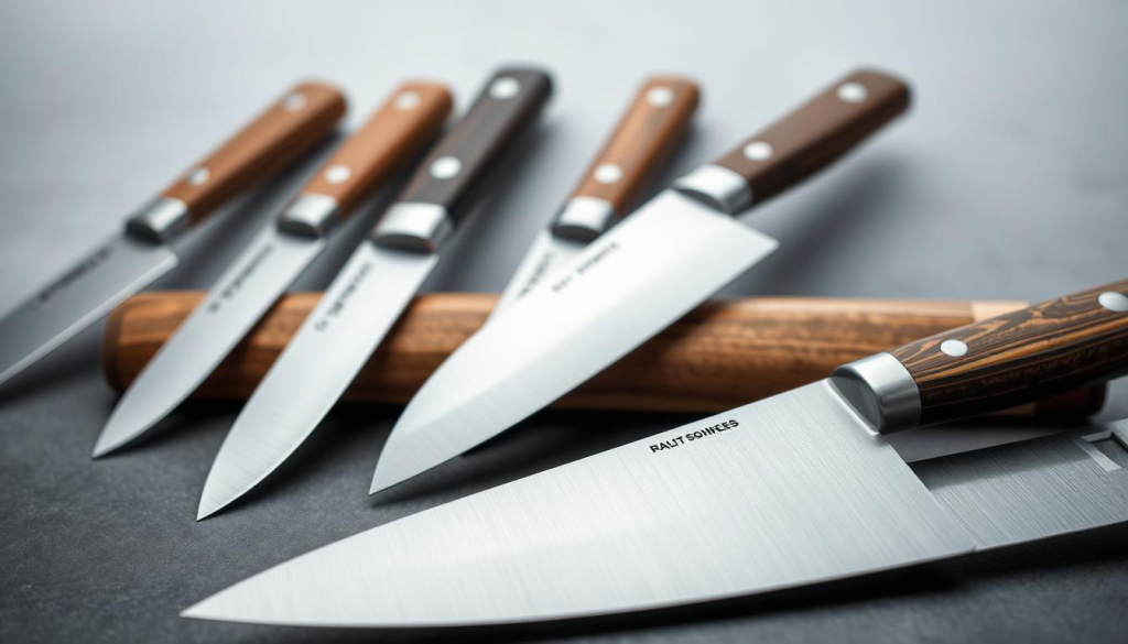 A sleek and sophisticated arrangement of premium chef's knives, meticulously crafted with precision and attention to detail. In the foreground, the blades glisten under soft, directional lighting, their sharp edges hinting at the culinary mastery they can deliver. The middle ground features the elegant wooden handles, each with a unique grain pattern that adds to the visual intrigue. The background depicts a minimalist, high-contrast setting, allowing the knives to take center stage and showcase their exceptional quality. The overall mood is one of refinement, professionalism, and the promise of exceptional culinary experiences.