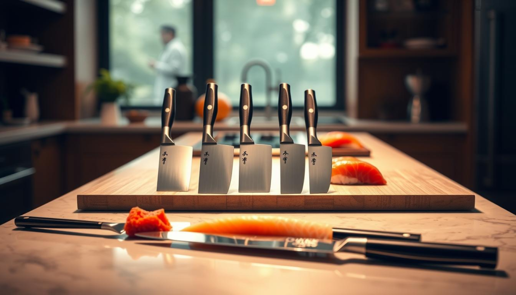 A sleek and sophisticated kitchen counter, bathed in warm, natural lighting. In the center, an array of Shun knives - their razor-sharp blades and elegant Japanese-inspired handles catching the light. The knives are arranged with care, each suited for a specific sushi-making task, from slicing delicate tuna to deftly filleting a salmon. The background is softly blurred, drawing the viewer's focus to the knives and the precise, deliberate movements required to use them effectively. The overall mood is one of precision, attention to detail, and a reverence for the craft of sushi preparation.