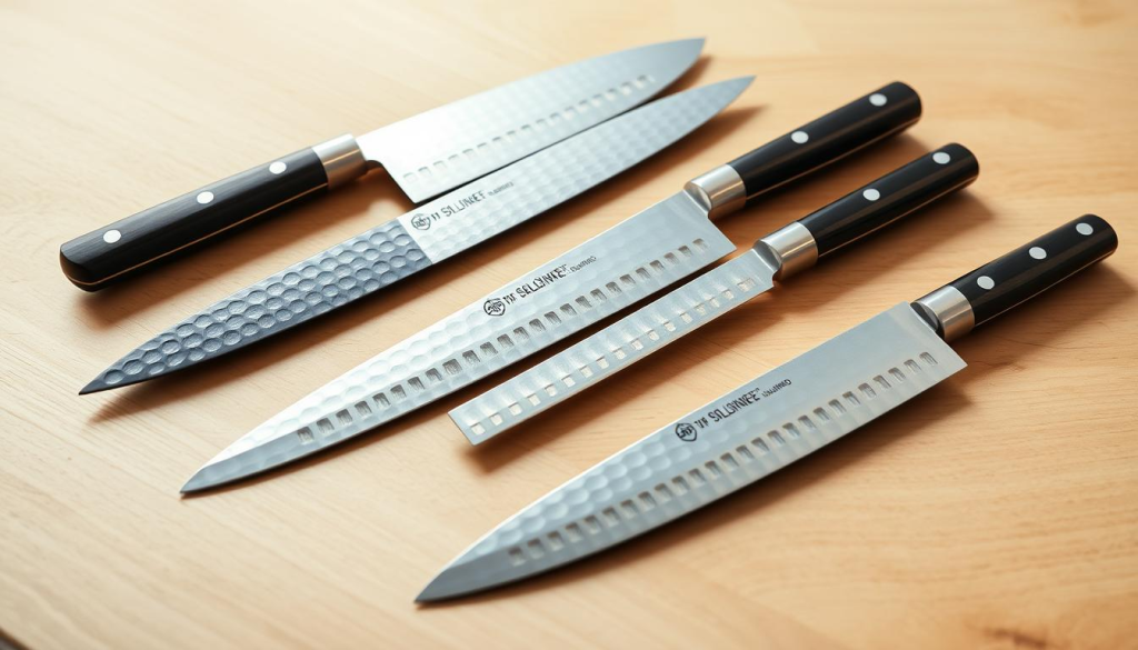 A sleek, high-quality Japanese knife set meticulously arranged on a minimalist, wooden surface. The knives, with their distinctive hammered blades and elegant ebony handles, radiate precision and craftsmanship. Soft, directional lighting casts gentle shadows, highlighting the intricate details and the knives' razor-sharp edges. The scene exudes a sense of refinement and culinary sophistication, perfectly capturing the essence of the Shun brand and its appeal to discerning home chefs.