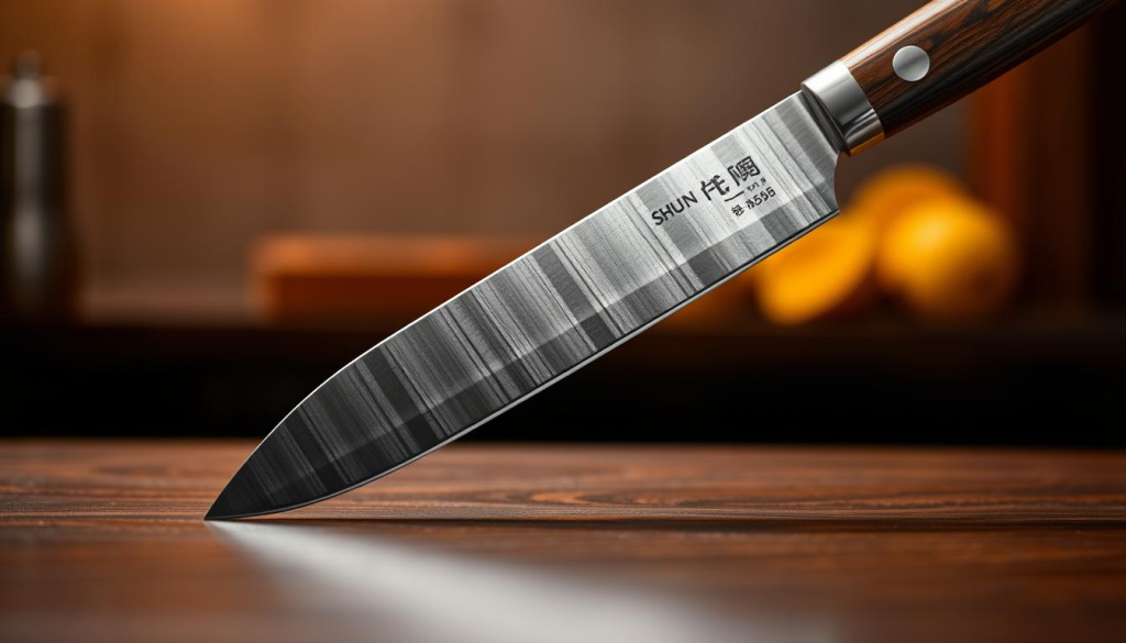 A sleek, high-quality Shun 20cm chef's knife, its blade gleaming under warm, focused lighting. The knife rests on a dark, polished wood surface, its hilt and handle crafted from elegant, textured wood. The blade is razor-sharp, hinting at the precision and control it offers for intricate kitchen tasks. The background is slightly blurred, drawing the eye to the captivating knife at the center of the frame. Subtle reflections on the blade's surface add depth and dimension, capturing the knife's premium construction and attention to detail. This image showcases the Shun 20cm chef's knife as a must-have, professional-grade tool for the modern kitchen.