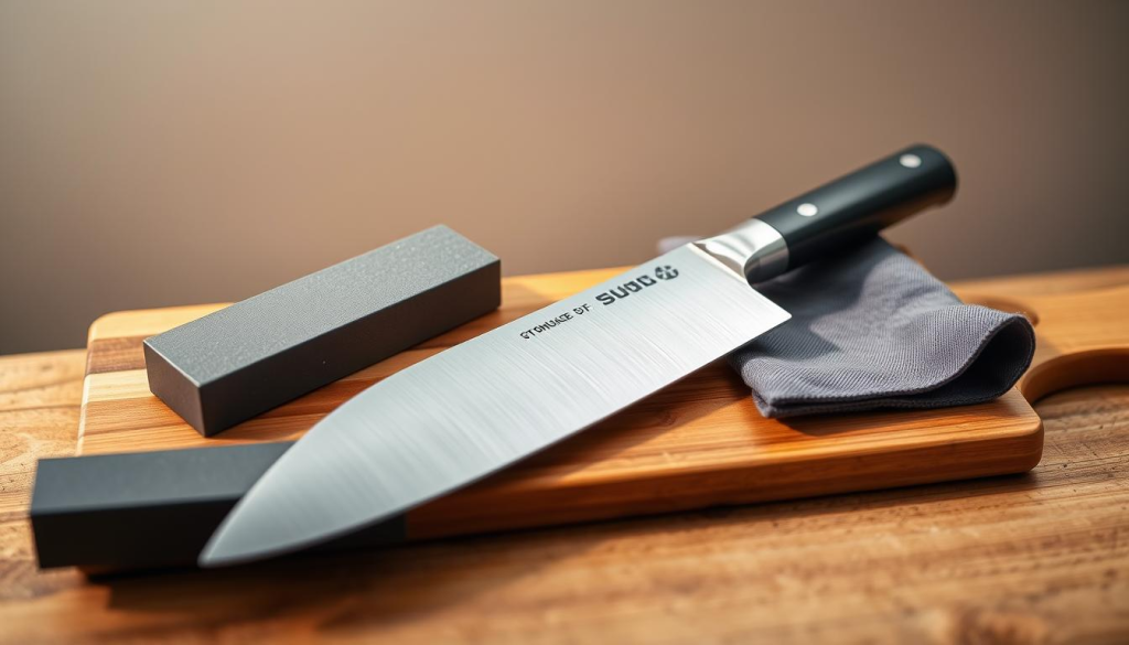 A sleek, high-quality Shun knife rests on a wooden cutting board, its sharp blade gleaming under soft, warm lighting. The knife is surrounded by a selection of maintenance tools - a whetstone, a honing rod, and a polishing cloth. The background features a minimalist, neutral-toned setting, allowing the knife and its accessories to take center stage. The overall composition exudes a sense of precision, care, and the pride of owning a well-maintained, professional-grade culinary tool.
