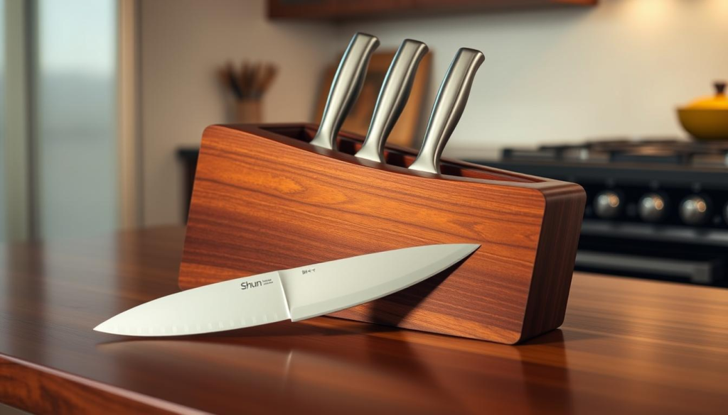 A sleek, modern Shun 6-Slot Knife Block resting on a polished wooden countertop. The block is crafted from rich, dark wood, its graceful curves and clean lines giving it an elegant, minimalist aesthetic. The knife slots are evenly spaced, showcasing the sharp, high-quality Shun knives nestled within. Soft, warm lighting casts a gentle glow, highlighting the block's premium materials and premium craftsmanship. The scene is captured from a slightly elevated angle, emphasizing the block's streamlined design and the way it seamlessly integrates into the kitchen environment. An atmosphere of refined sophistication and attention to detail pervades the image.