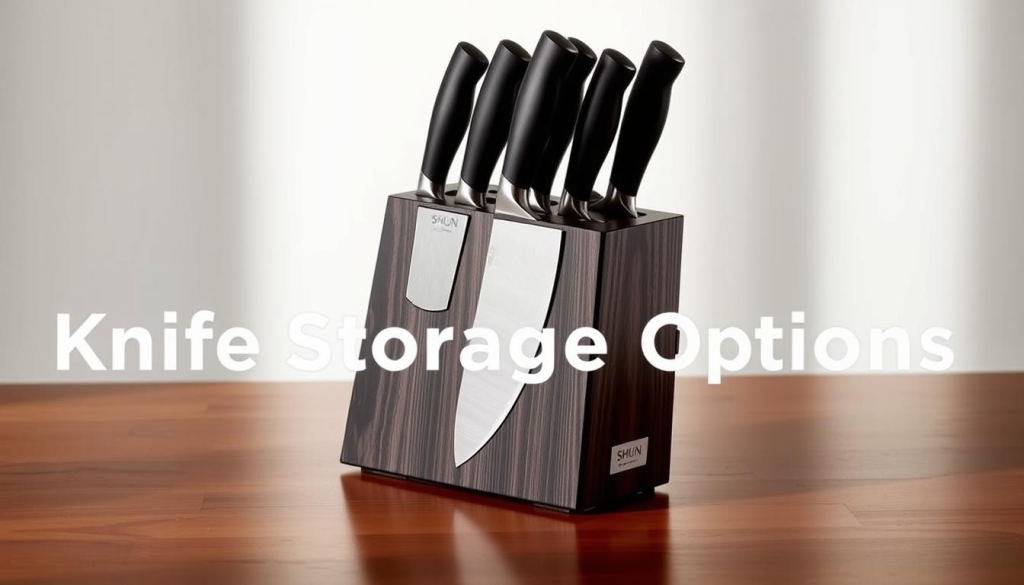 A sleek, modern Shun 6-slot knife block stands elegantly on a polished wooden surface, bathed in soft, directional lighting. The sturdy, dark-colored block showcases its clean lines and precise cutouts, designed to securely hold and display a set of high-quality Shun knives. The knife slots are spaced evenly, allowing for easy withdrawal and return of the blades. The overall composition exudes a sense of order, functionality, and the premium quality associated with the Shun brand, perfectly complementing the "Understanding Knife Storage Options" section of the article.