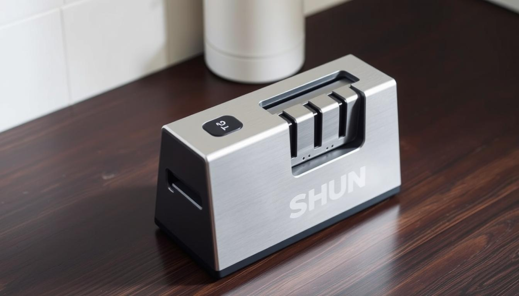 A sleek, modern electric knife sharpener designed specifically for Shun knives, sitting atop a dark wood surface. The device features a brushed metal exterior with a minimalist control panel, surrounded by a clean, well-lit environment. Precise angles and a smooth, gentle grinding mechanism ensure the perfect edge for Shun's high-carbon stainless steel blades. The sharpener's compact form and thoughtful ergonomics make it an essential tool for any home or professional kitchen, elevating the craft of knife sharpening.