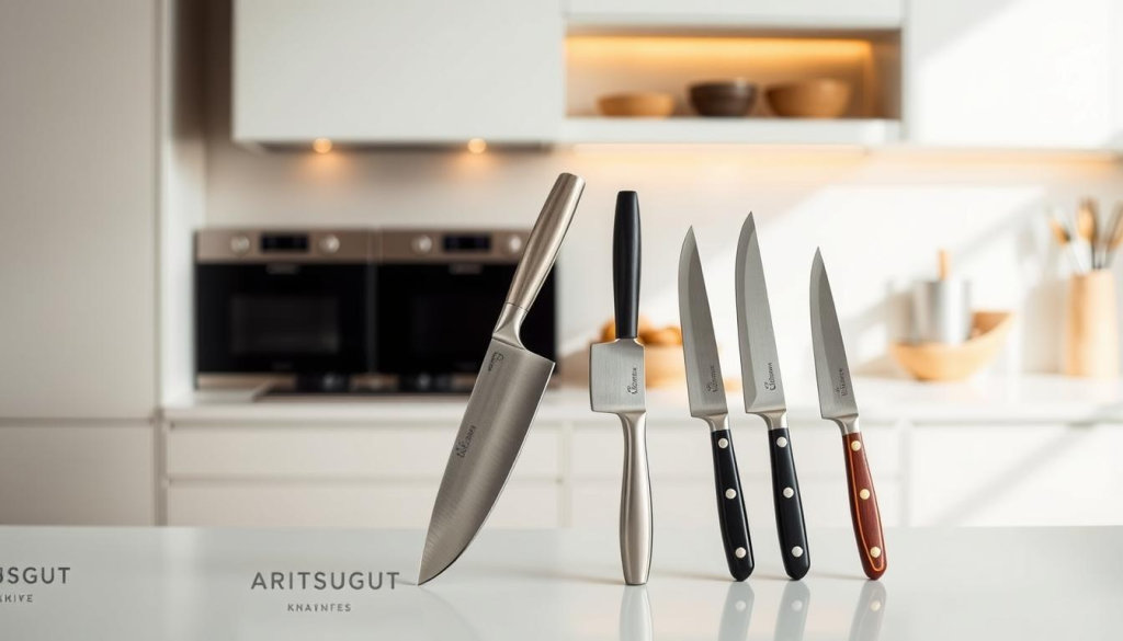 A sleek, modern kitchen setting with a clean, minimalist aesthetic. In the center, two gleaming Aritsugu bread knives are prominently displayed, one alongside a selection of other popular bread knives for comparison. Soft, directional lighting casts a warm, inviting glow, highlighting the knives' elegant designs and razor-sharp blades. The knives are positioned at an angle, showcasing their unique profiles and allowing the viewer to appreciate the subtle differences in blade shape, handle materials, and overall craftsmanship. The background is a muted, neutral palette, keeping the focus solely on the knives and their distinguishing features.
