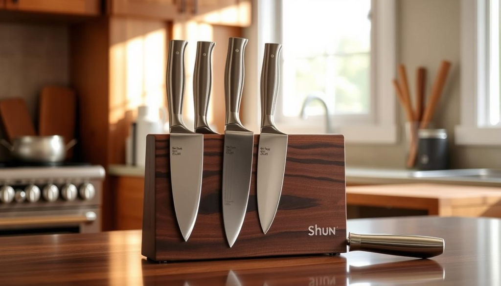 A sleek, modern shun knife block made of dark wood stands prominently on a kitchen counter, its six slots showcasing a well-curated collection of gleaming Shun knives. The wooden surface is polished to a subtle sheen, complementing the knives' razor-sharp blades and minimalist design. Natural light filters in from a nearby window, casting a warm glow over the scene and accentuating the knives' high-quality craftsmanship. The arrangement conveys a sense of organized culinary excellence, inviting the user to admire and easily access their prized Shun knife set. This knife block storage solution not only protects the knives but also proudly displays them as essential tools for the discerning home chef.