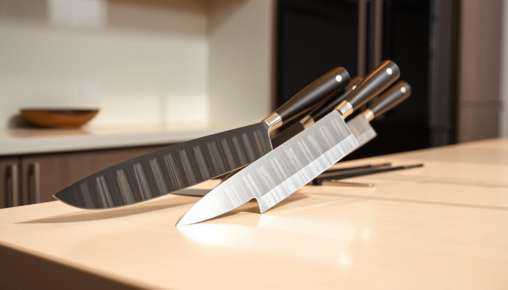 A sleek, well-lit kitchen counter with a variety of Nakiri knives arranged in a neat row. The knives' razor-sharp blades and distinctive rectangular shapes are the focal point, highlighted by warm, natural lighting and a clean, minimal background. The knives are positioned to allow for easy comparison of their size, blade length, and overall design. The scene conveys a sense of precision, functionality, and the attention to detail required when choosing the right Nakiri knife for one's culinary needs.