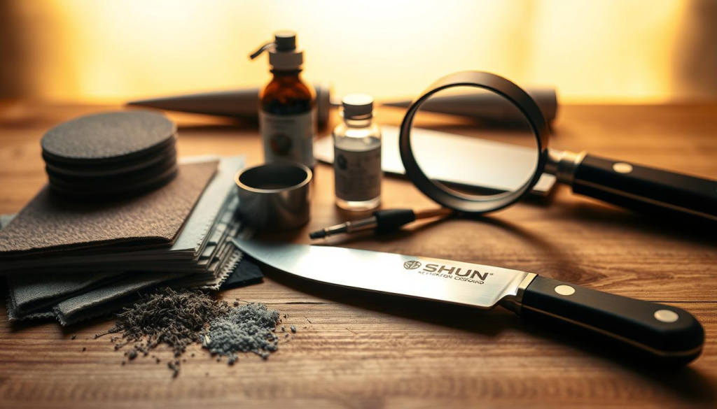 A still life arrangement of DIY restoration materials for reviving a faded Shun knife logo. In the foreground, a variety of sandpapers, steel wool, and microfiber cloths are neatly laid out on a wooden surface. In the middle ground, a small bottle of restoration compound and a delicate brush sit alongside a magnifying glass, allowing for meticulous attention to detail. The background is softly blurred, suggesting a clean, minimalist workspace, illuminated by warm, directional lighting that casts gentle shadows and highlights the textures of the materials. The overall mood is one of focused, thoughtful restoration, with a sense of care and attention to preserving the integrity of the original knife logo.