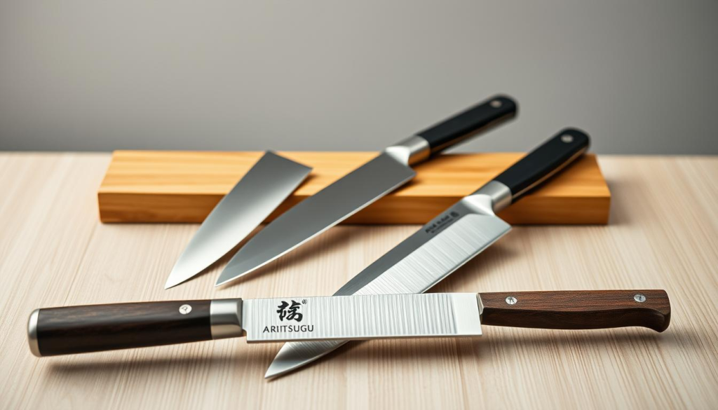 A still life of high-quality Aritsugu chef knives, meticulously crafted in traditional Japanese style. The knives are arranged on a minimalist wooden surface, their razor-sharp blades gleaming under soft, even lighting. In the foreground, the distinctive Aritsugu logo is prominently featured, showcasing the craftsmanship and heritage of this renowned brand. The middle ground captures the elegant, slender profiles of the knives, ranging from the versatile santoku to the precisely tapered yanagiba. In the background, a subtle, muted backdrop emphasizes the knives as the central focus, conveying a sense of artisanal precision and culinary excellence. The overall atmosphere is one of refined simplicity, highlighting the timeless beauty and functionality of these exceptional Aritsugu chef's tools.