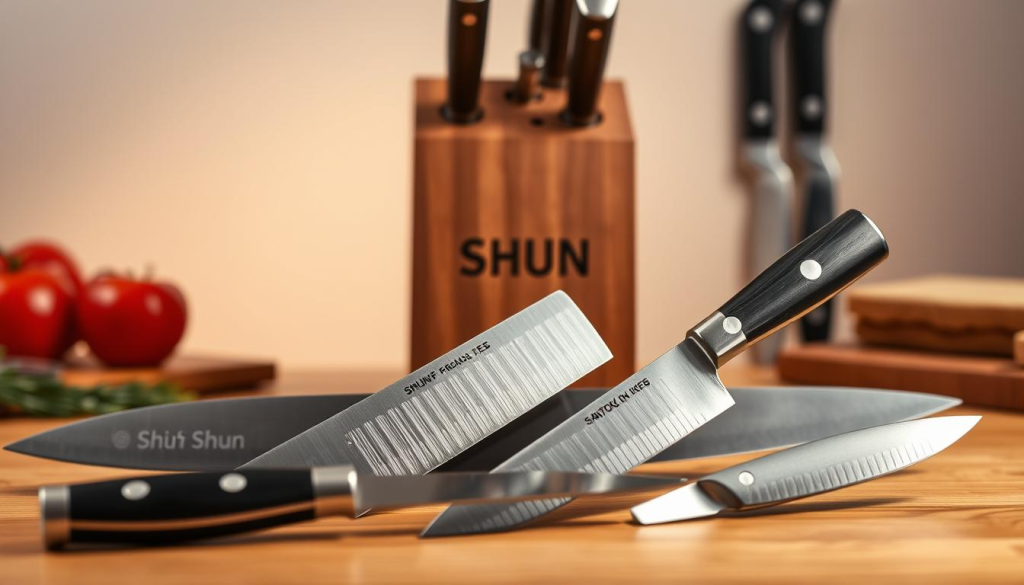 A still life scene showcasing various types of Shun knives. In the foreground, a selection of Shun knives with distinct blade shapes and edge degrees, such as a chef's knife, a santoku, and a paring knife, are arranged on a wooden surface. The middle ground features a Shun logo-embossed knife block, highlighting the brand's craftsmanship. In the background, a soft, diffused light creates a warm and inviting atmosphere, emphasizing the knives' sharp, polished blades and the premium quality of the Shun brand. The scene is captured with a shallow depth of field, drawing the viewer's attention to the intricate details of the knives.