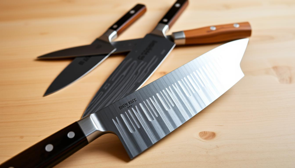 A striking collection of Shun chef's knives, expertly crafted in Oregon, USA. In the foreground, a pristine santoku knife with a razor-sharp Japanese-style blade and a sleek, ergonomic handle gleams under warm studio lighting. Behind it, a set of Shun's signature kitchen knife series, including a chef's knife, paring knife, and utility knife, arranged with care on a minimalist, light-colored wooden surface. The knives' distinctive Damascus-patterned blades and beautiful hardwood handles create a visually stunning display, showcasing Shun's commitment to quality and attention to detail. An aura of precision, sophistication, and the rich heritage of Japanese knife-making pervades the scene.