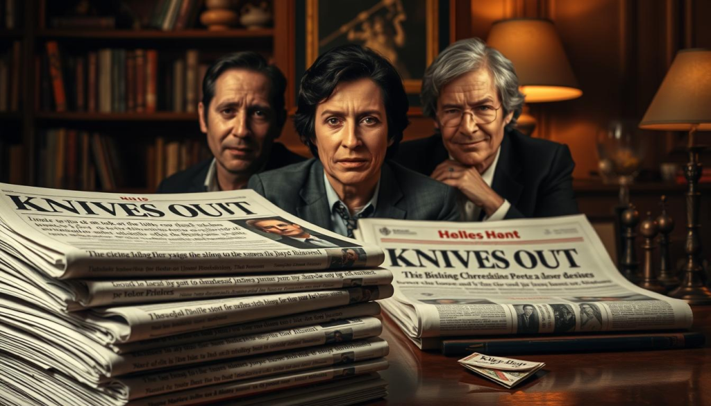 A stylish collage of critical reception for the 2019 whodunit film "Knives Out". In the foreground, a stack of glossy film review magazines and newspapers, their covers emblazoned with glowing praise for the movie. In the middle ground, a trio of critics' faces, expressions conveying their enthusiastic approval. The background is a sophisticated, dimly lit setting evoking the film's refined, Agatha Christie-esque atmosphere, with a bookshelf, a glass of vintage whiskey, and a chess set hinting at the game of deduction at the heart of the story. Warm lighting casts a cozy glow, while a sense of drama and intrigue lingers in the air, mirroring the critical acclaim the film has received.