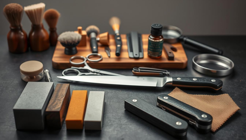 A table-top still life depicting an array of essential tools for knife maintenance. In the foreground, a set of sharpening stones of varying grits, a honing rod, and a polishing cloth are arranged neatly. In the middle ground, a pair of high-quality metal scissors, a small knife sharpener, and a specialized knife oil are displayed. The background features a wooden board with a collection of small brushes, a leather strop, and a magnifying glass, creating a sense of thoughtful organization and care. The lighting is soft and diffused, casting gentle shadows and highlighting the textures of the tools. The overall mood is one of precision, craftsmanship, and dedication to the preservation of a fine blade.