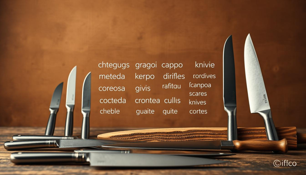 A thoughtfully arranged still life against a warm, muted backdrop. In the foreground, an array of gleaming knives in various shapes and sizes, their blades and handles meticulously depicted. In the middle ground, a collection of Portuguese words for "knife" presented in a clean, modern typography, each term elegantly showcased. The background features subtle textural elements, perhaps a weathered wooden surface or a softly blurred natural setting, creating a sense of balance and cohesion. Gentle lighting casts subtle shadows, emphasizing the form and materiality of the objects. The overall composition conveys a sense of craftsmanship, attention to detail, and a celebration of the nuanced vocabulary surrounding this ubiquitous tool.