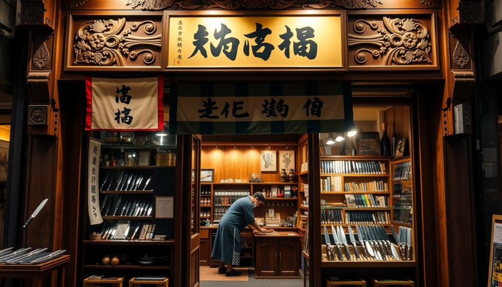 A vibrant, traditional Japanese knife shop in the heart of the historic Nishiki Market. The storefront features a rustic wooden facade adorned with intricate carvings and a noren curtain bearing the Aritsugu name. Through the open doorway, glimpse the interior's warm lighting, gleaming steel blades, and skilled artisans at work. Shelves and display cases showcase an array of expertly crafted knives, from sleek santoku to precision-forged yanagiba. The atmosphere is one of reverence, tradition, and the proud legacy of Aritsugu's master bladesmiths. A timeless, immersive experience that captures the essence of Kyoto's renowned culinary heritage.